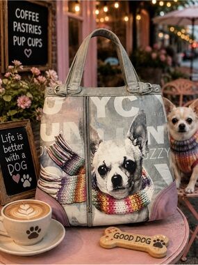 Fuzzy Nation Vintage Y2K Chihuahua Iridescent Sage Green Knit Shoulder Tote Bag